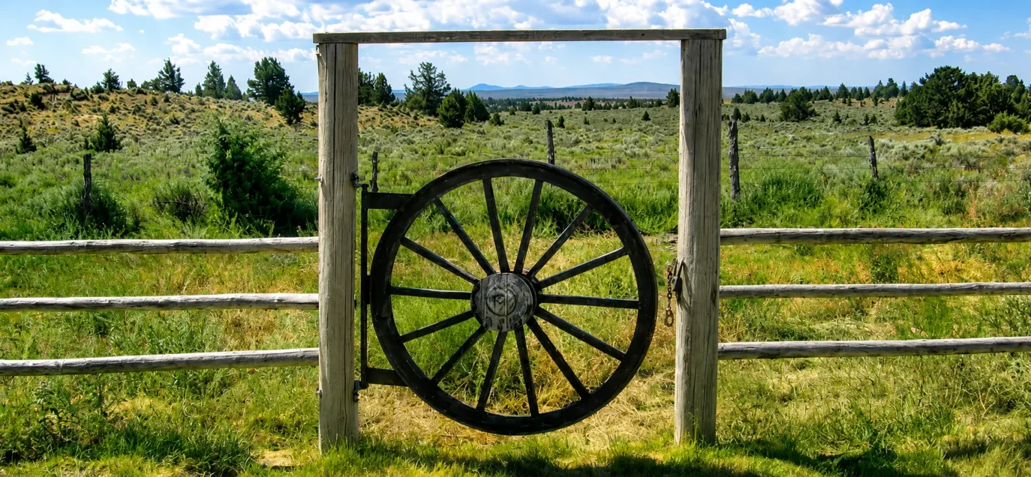 Scenic rural landscape with wheel gate